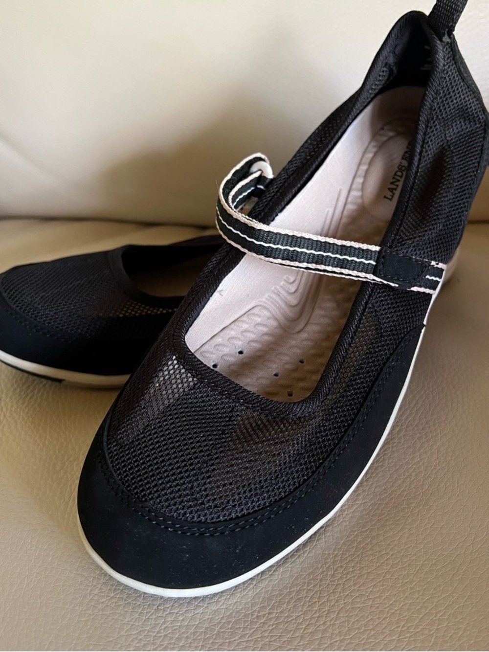 Lands’ End Black Mesh Mary Jane Flats NEW Comfort Walking Shoes